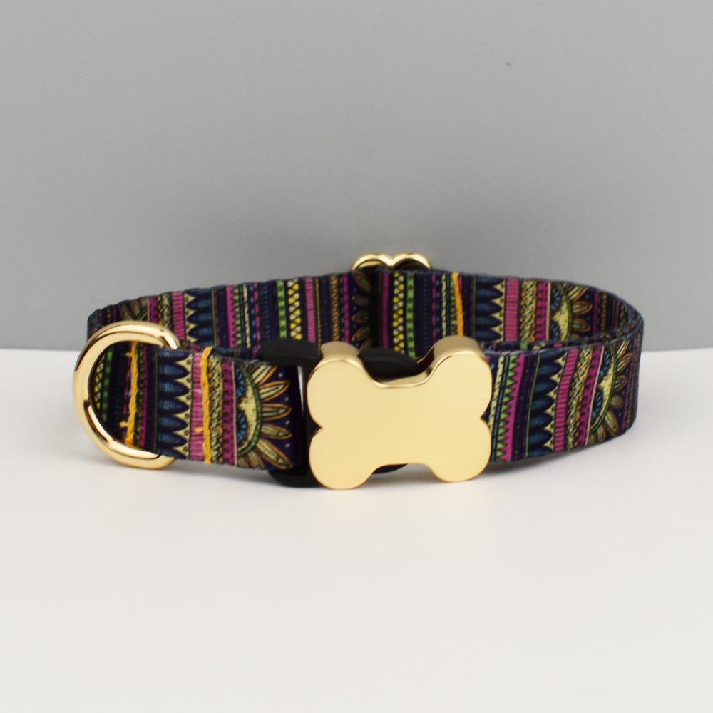 Ethnic Ribbon Bone Buckle Dog Collar and Leash Set M