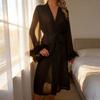 Feather Trim Sheer Mesh Robe for Women Long Sleeve Belted Kimono Robe