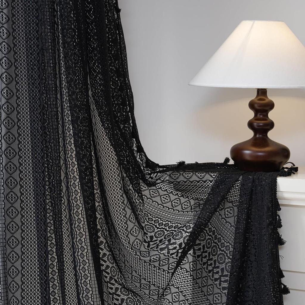 Boho Crochet Curtain, Sheer Lace Handmade Tassels Knitted Window Treatment Vintage Rustic Bohemian Farmhouse Drape for Bedroom