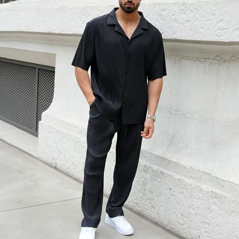 Summer Casual Fashion Plain Striped Suit for Men Style Complete Short-sleeved Trousers for Men