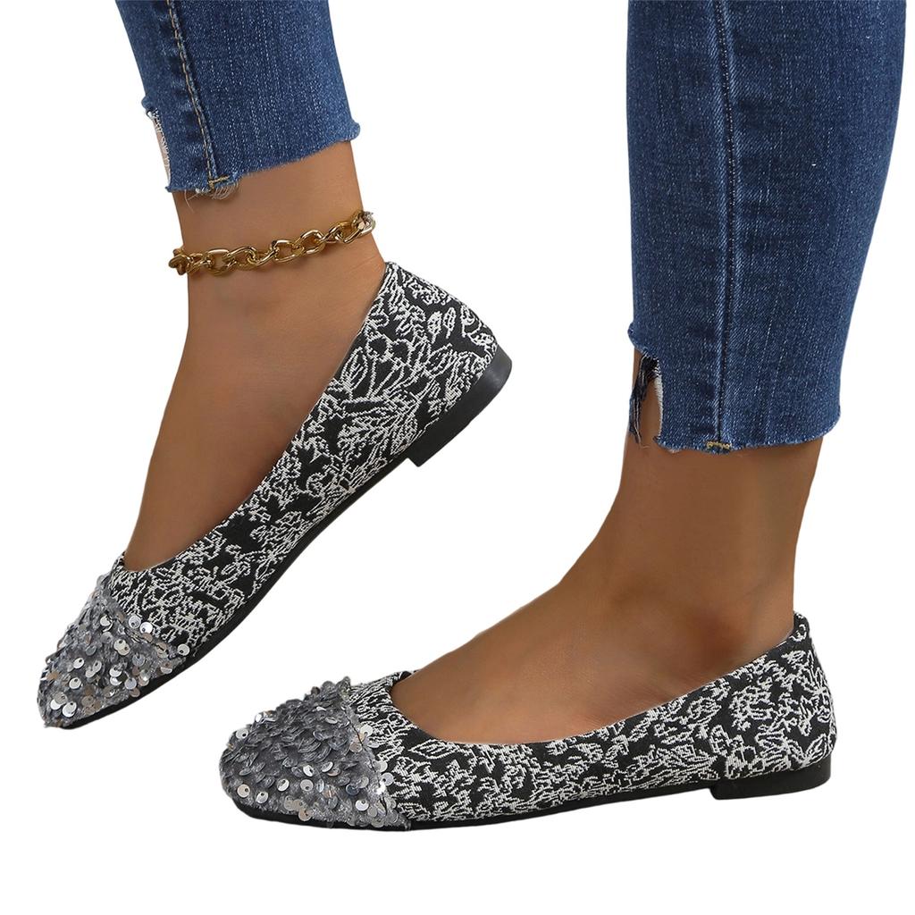 Women's Fashion Large Size Sequin Pointed Toe Casual Flats Slip On Comfortable Lightweight Flexible Sole Stylish Design
