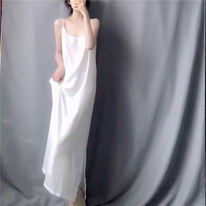 

2025 summer new light and breathable copper ammonia silk cool long solid color suspender skirt women s simple casual dress 2XL білий