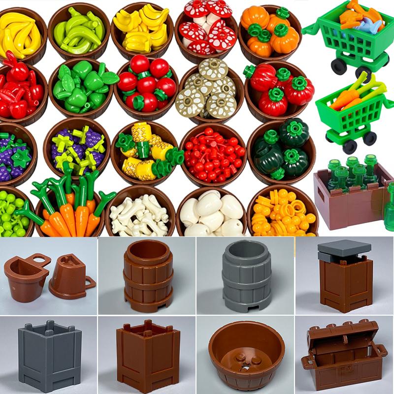MOC City Scene Building Blocks Food Accessories Vegetable Fruit Shopping Cart Wine Bottle Toy