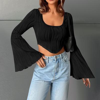 Women's U Neck Solid Color Crop Slimming Fashion Flared Long Sleeve Top Sexy Short T-shirt Top
