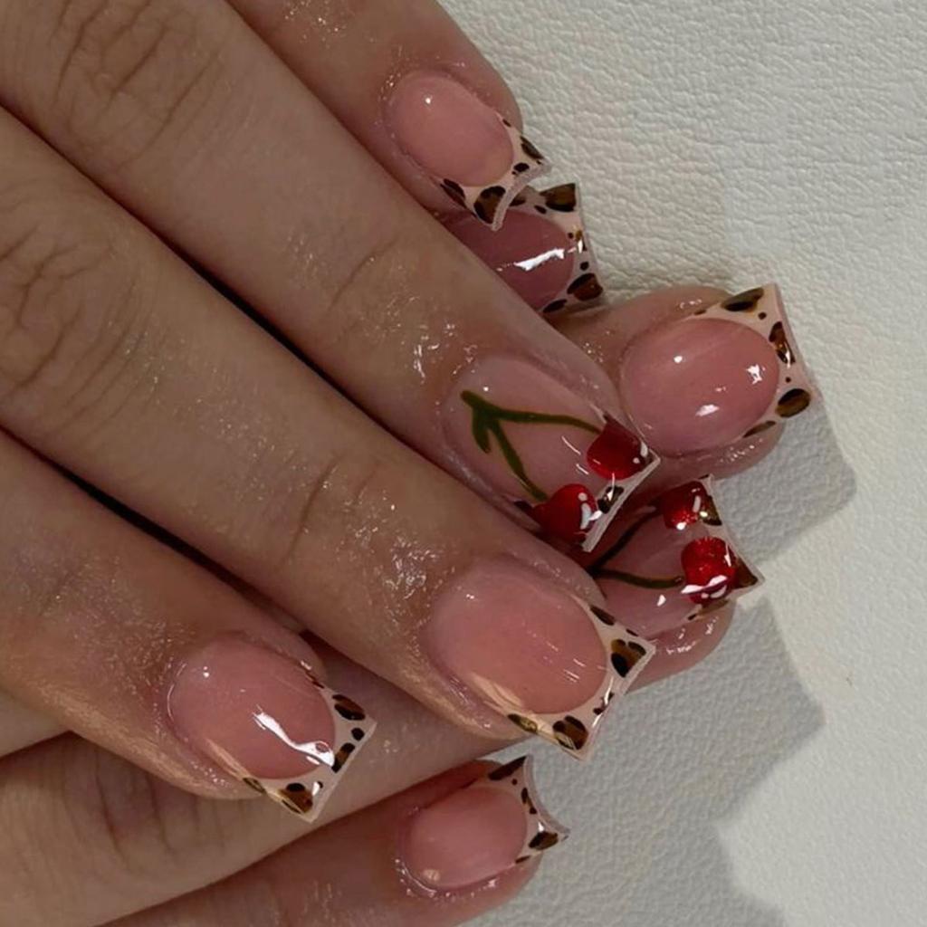 24x Leopard Print False Nail Fruit Artificial Nail French Tip Full Cover Stick On Nail Glossy Press On Nail for Woman