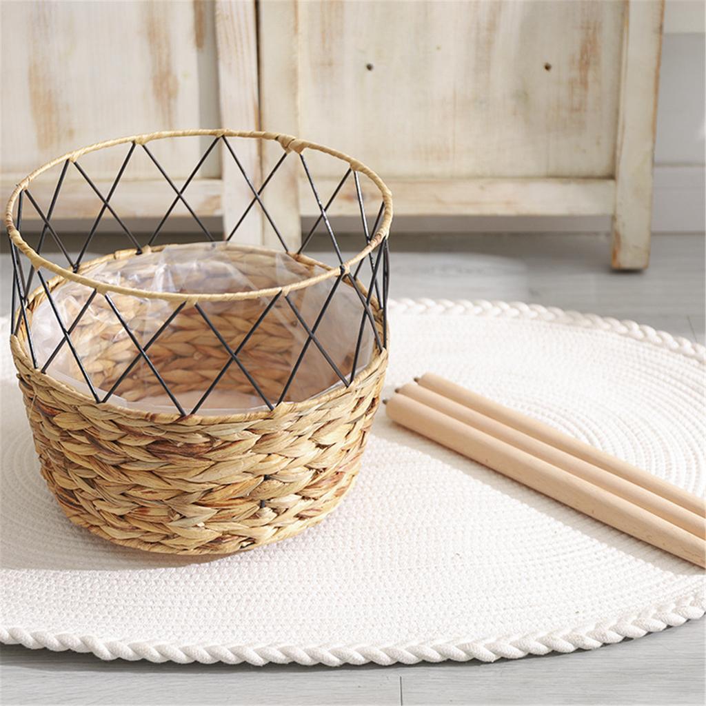 Handwoven Cattail Flowerpots Plant Basket Planter with Wood Stand Rack Indoor Outdoor Garden Storage Container Decors