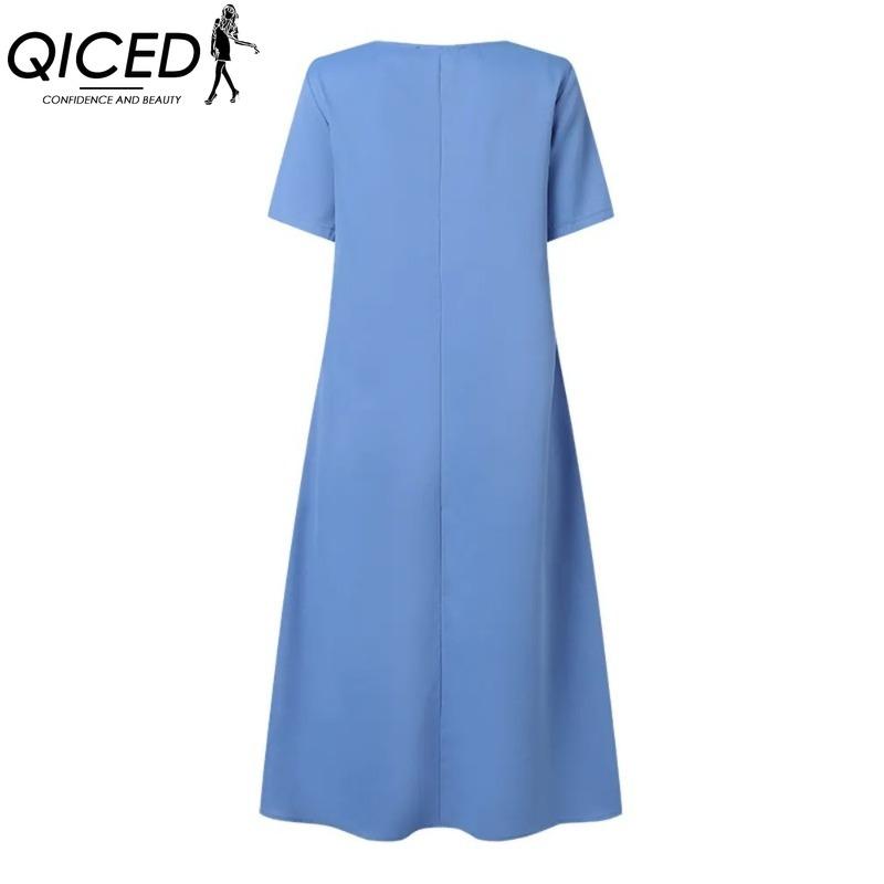 QICED Women's Fashion Summer Spring Solid Color Print Short Sleeve O-Neck High Waist Casual Dresses