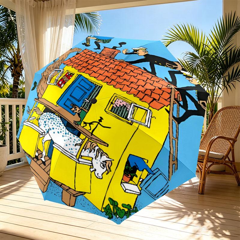 Pippi Longstocking Print Automatic Open Close Umbrella, Portable Foldable Umbrella, for Outdoor Commute Camping Trip, Ideal Birthday Gift