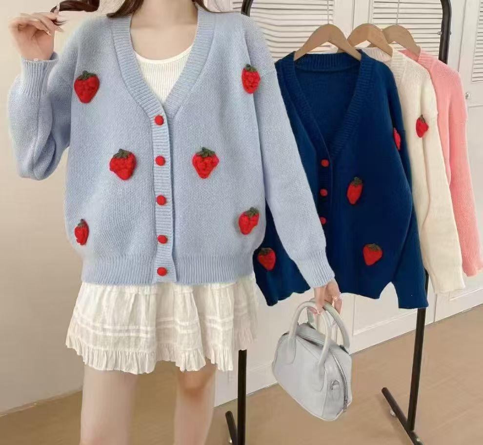 Autumn-Winter Strawberry Flower V-Neck Knit Sweater for Women