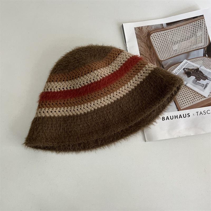 

Шляпа новая вязаная панама женская новая осень и зима теплая ретро контрастные полосы нишевая шерстяная шляпа котелок M（56-58cm） темно-коричневого