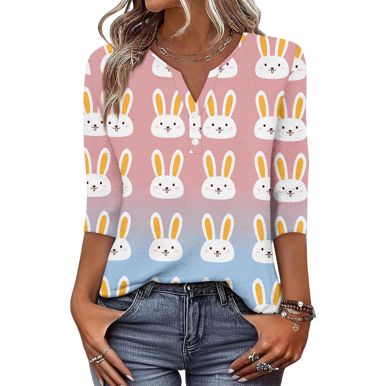 

Women s Fashionable And Casual Easter Bunny And Egg Print V-neck Button-down Three-Quarter Sleeve T-shirt Top L