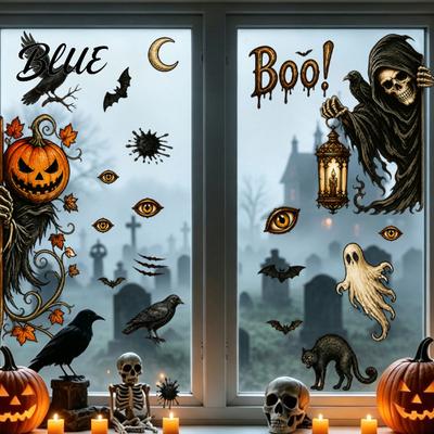 Waterproof PVC Wall Decals 6Pcs Halloween Window Stickers Ghost Pumpkin Grim Reaper Decals Retro Spooky Glass Clings Self-Adhesive Door Decor
