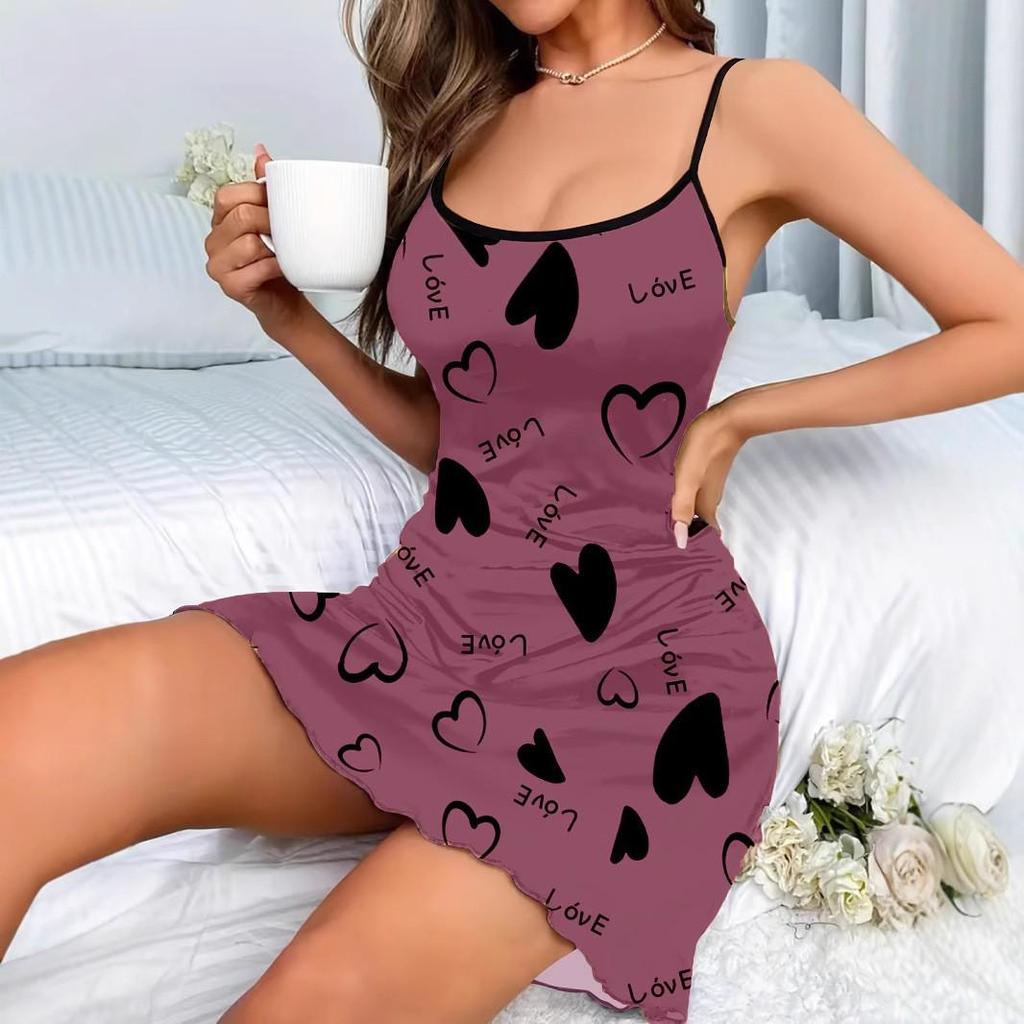 European Summer Strappy Heart Print Short Skirt Nightgown Dress