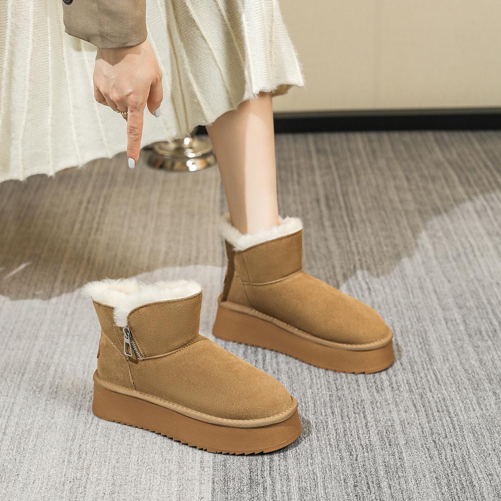 Fleece snow boots women's new winter leather short boots fleece thickened versatile inner heightening platform cotton shoes women