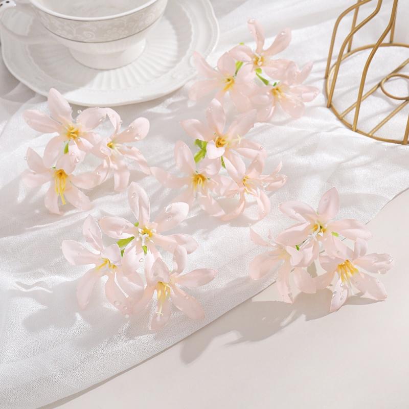 10Pcs 6cm Artificial Flower Head Mini Silk Dew Lily Flower Craft Wreath Home Decoration Wedding Decor Christmas Garland Supplies