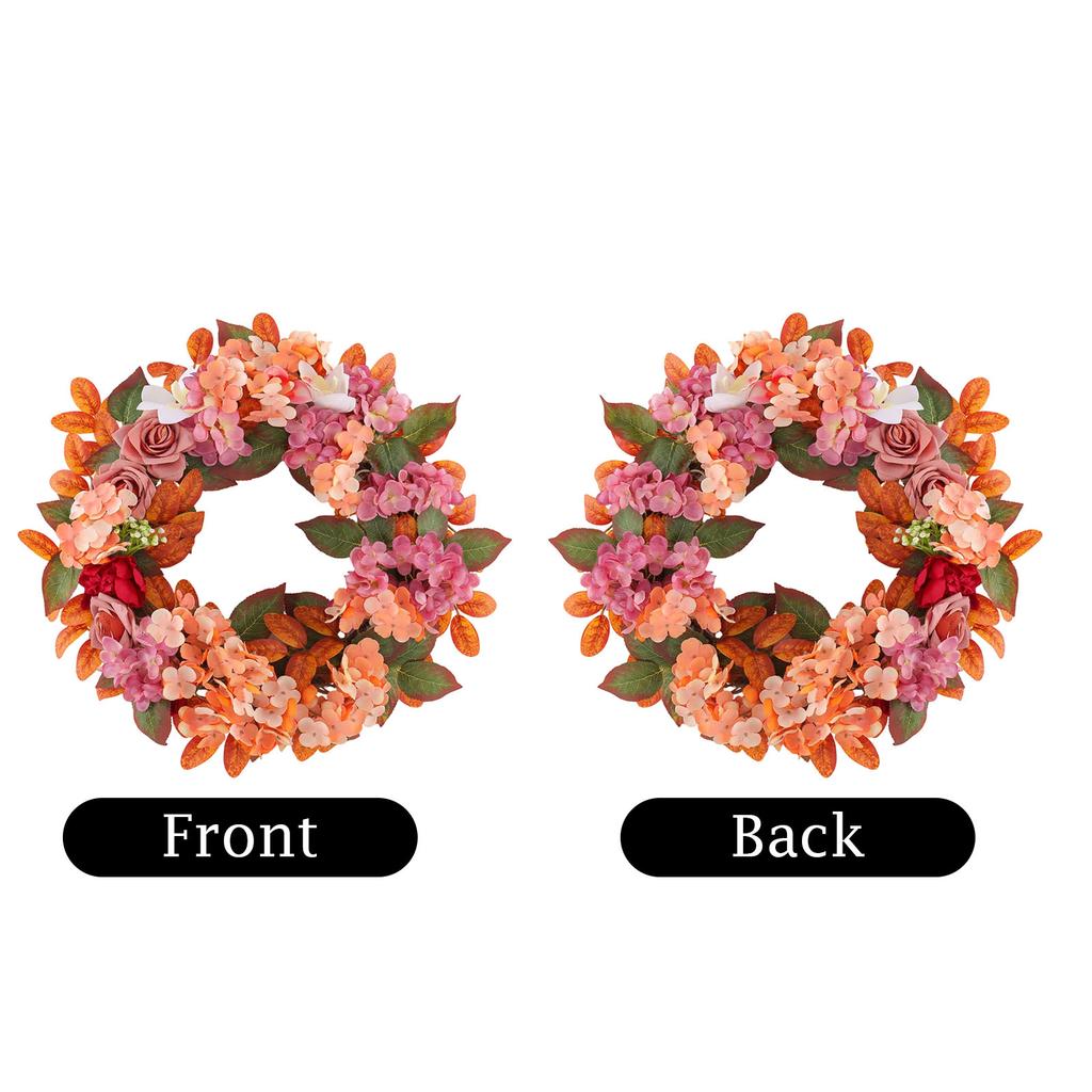 Artificial Hydrangea Rose Wreath with Wooden Wheel for Fall Door Hanging Wall Decor