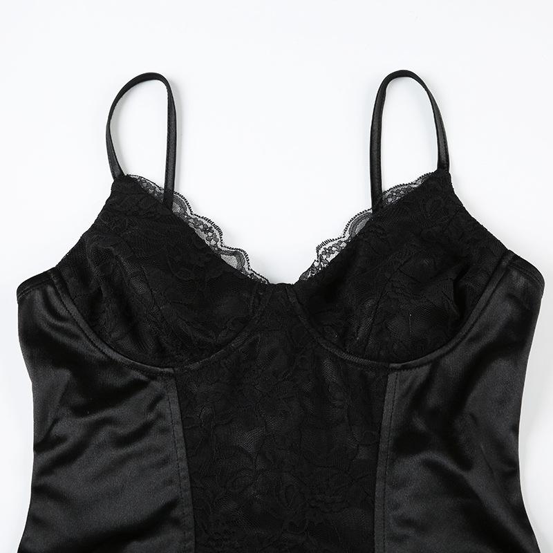 Women's Solid Colour Temperament Slim Lace Splicing V-neck Waist Thin A-line Halter Ballet Skirt