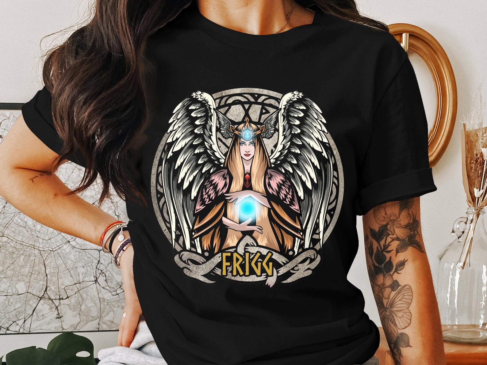Frigg Norse Goddess T-Shirt Nordic Mythology Winged Deity Tee Norse Religion Apparel Viking History Shirt 2XL
