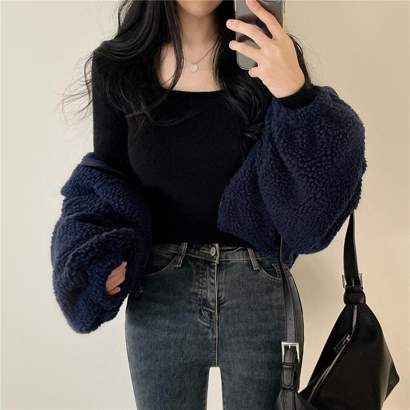 Giacca Corta da Donna di Design con Collo Alto Calda in Finta Lana d'Agnello Autunno e Inverno Ampia e Versatile Cardigan Top con Zip