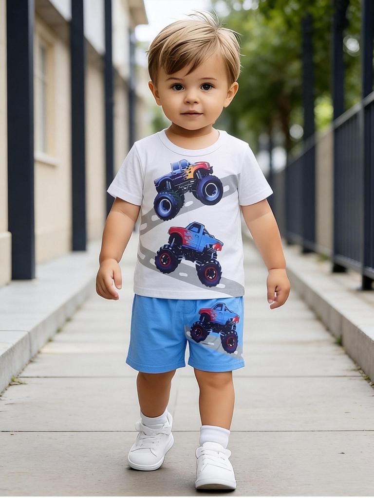 Completo Estivo a 2 Pezzi per Bambini Maschi, Veicolo Fuoristrada Fresco, Abbigliamento Estivo per Bambini, Perfetto per Giocare e All'Aperto