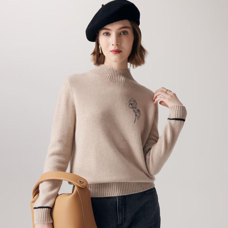 

PALUOPO 2025 A/W Women s Embroidered Mock Neck Cashmere Blend Sweater L