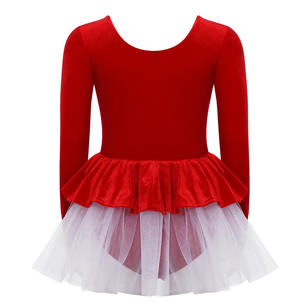 Mädchen Eiskunstlauf Performance Kleid Langarm Glitzernde Pailletten Patchwork Samt Tüllkleid Eingearbeiteter Slip Ballett Kostüm