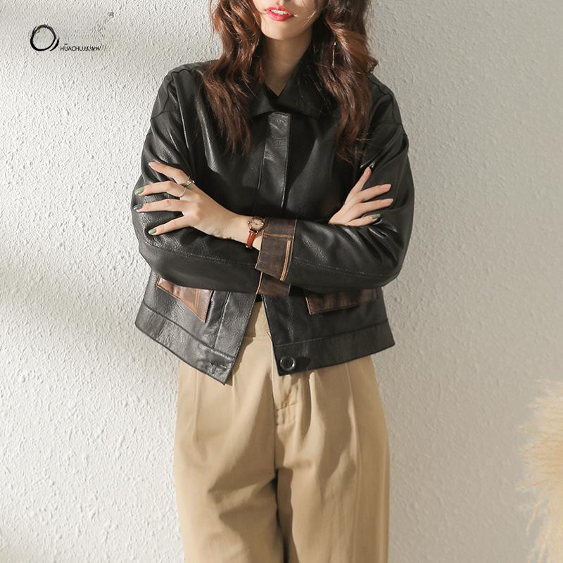 

Куртка из натуральной кожи женская модная короткая весна и осень новая куртка из кожи растительного дубления мотоциклетная молодежная модная куртка XL