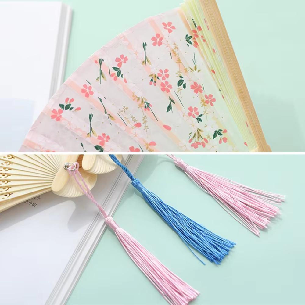 Flower Pattern Classical Folding Fan Tassel Cloth Art Chinese Style Fan Wooden handle Retro Classical Dancing Fan