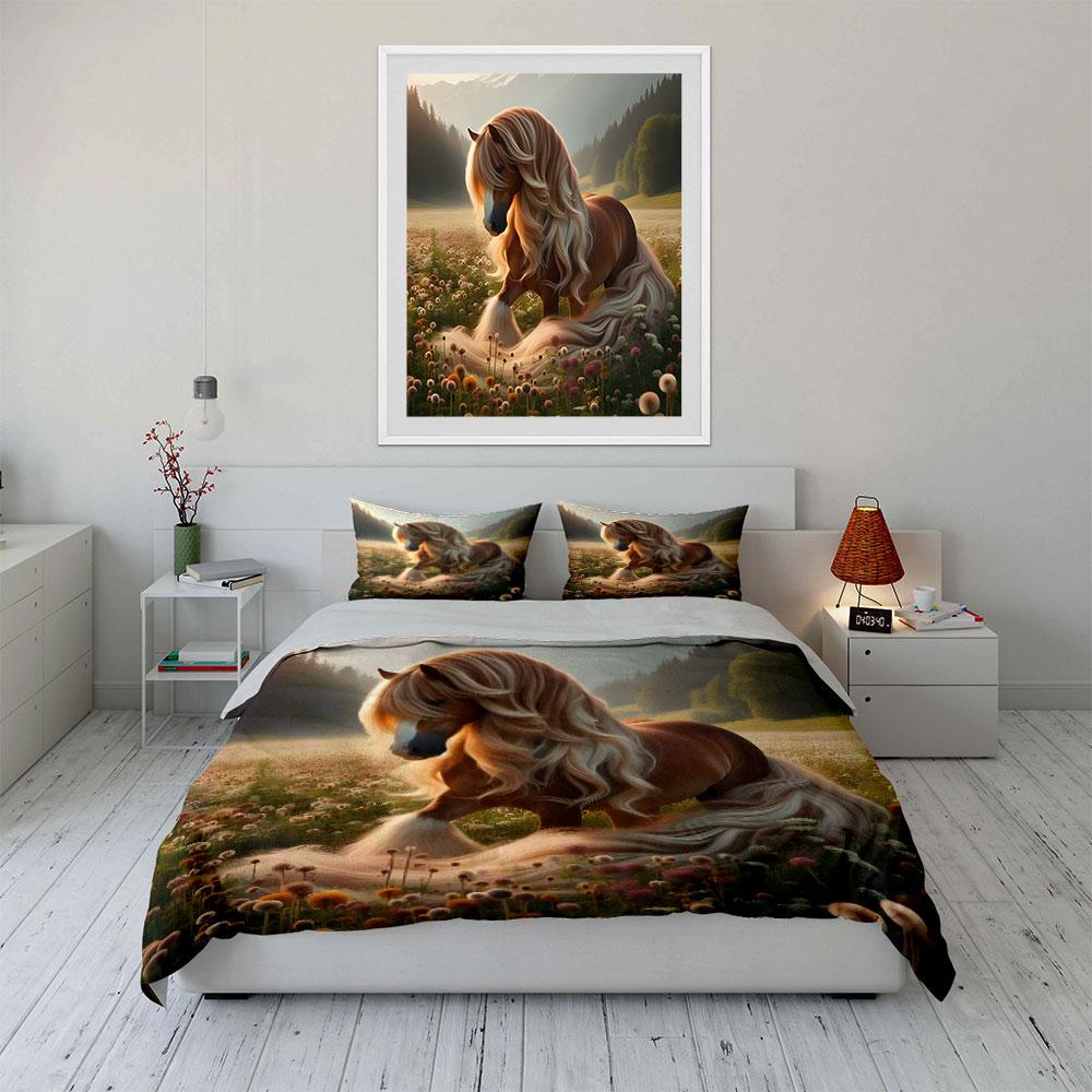 Graceful Long-Maned Horse In Flower Meadow Printed Duvet Cover Set1 Duvet Cover+2 Pillowcasemulti Size Bedroom Bedding Decor