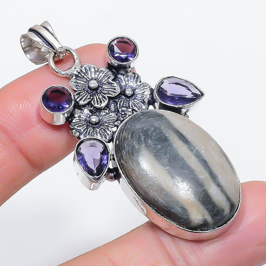 

Natural Zebra Jasper, Amethyst 925 Sterling Silver Jewelry Pendant 2.21 r0U01