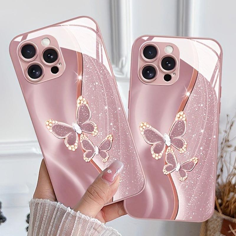 Diamond Butterfly Pattern Pink Metallic Paint Glass Hard Phone Case For iPhone 17 Pro Max 11 12 13 14 15 16 Plus 16E 17Air Cover