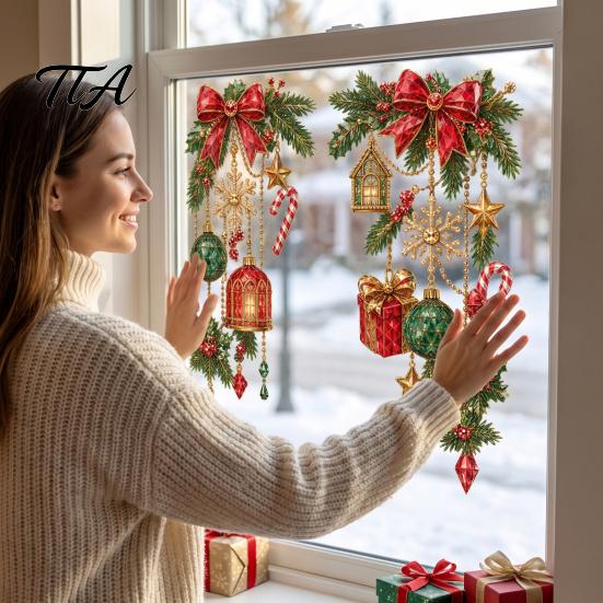 Holiday Glass Decals 2Pcs Christmas Window Clings, Static Sticker, Decal with Snowflakes Lantern Winter Wonderland Decor and Balls Patterns, Removable
