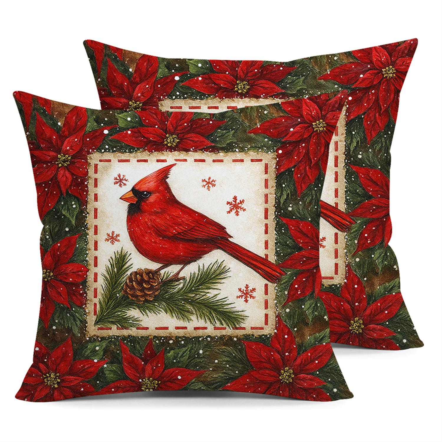 2pcs Red Cardinal Flowers Pinecone Christmas Throw Pillow Covers Pine Leaves Red Snowflakes Cushion Case Winter Home Party 2PCS