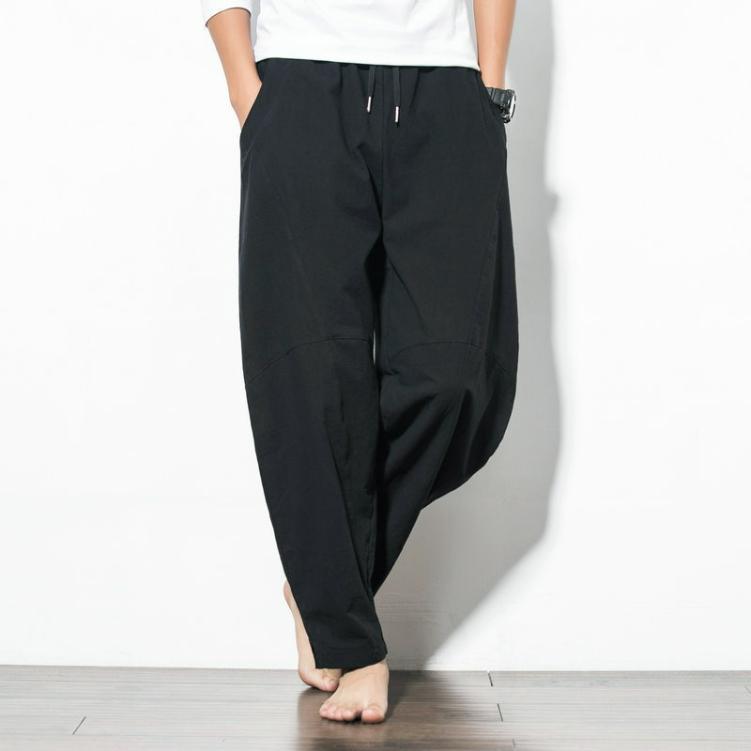 Fashion Loose Trousers Men s Plus Fat Plus Size Cotton and Linen Casual Pants Chinese Style Harem Pants S чёрный