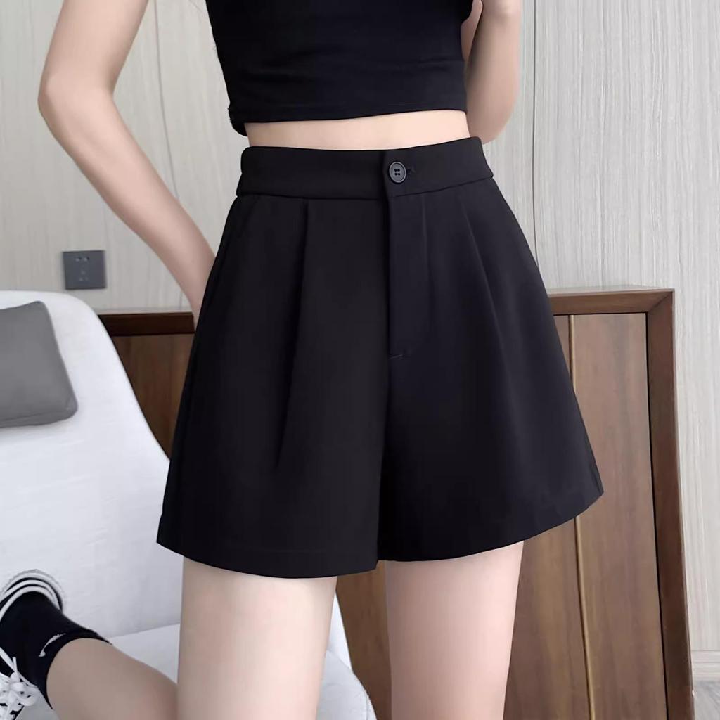 Women's 2024 French A-Line Black Summer Shorts - High Waist, Thin, Loose, Wide-Leg Design