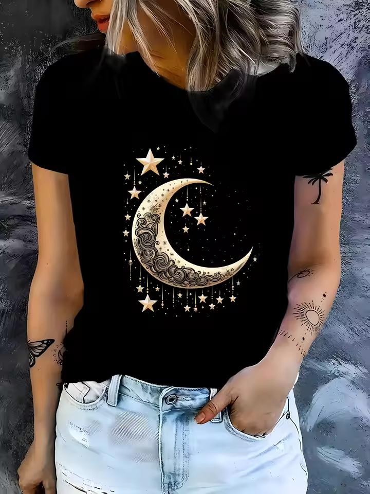 Starry Sky and Moon Print Women's T-Shirt Elegant Crew Neck Short Sleeve Top Celestial Fashion Summer Casual Women Clothing
