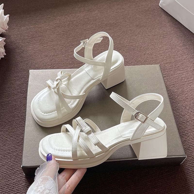 Summer New Thick Heel Fashion Versatile Open-toed Sandals Women's Bow Word with High-heeled Sandals