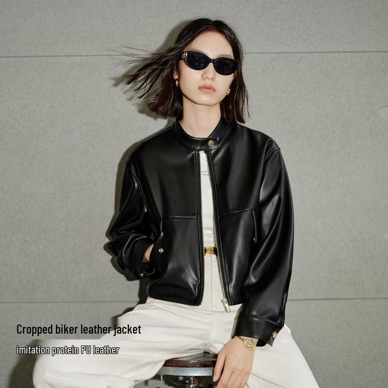 

Women s Gold-Button Cropped Stand-Collar PU Biker Jacket M