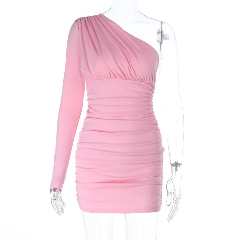 One-shoulder Backless Long-sleeved Slim-fitting Dress for Women, European and American New Spice Girls Hip-wrapped Short Skirt, Vacation Seaside Skirt