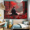 2D Japanese Samurai Ronin Tapestry, Red Leaves Temple Gate Wall Art for Home Decor