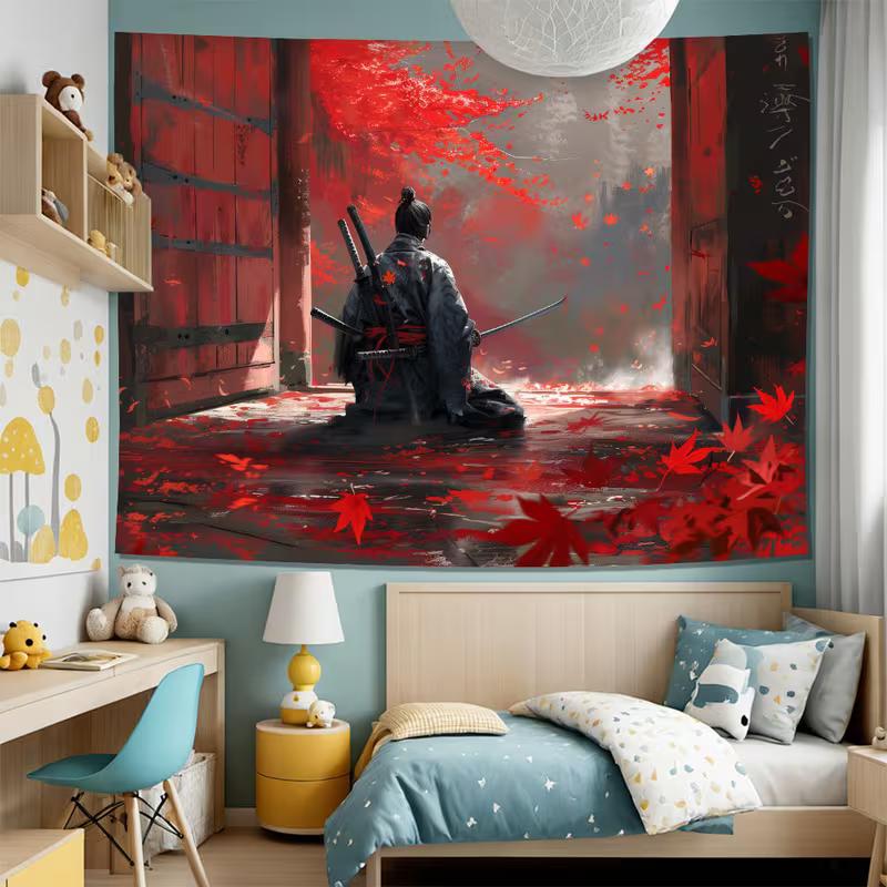 2D Japanese Samurai Ronin Tapestry, Red Leaves Temple Gate Wall Art for Home Decor