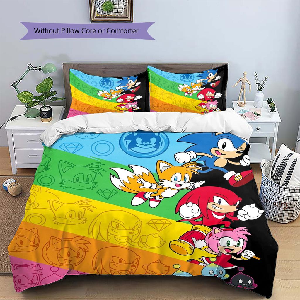 Hedgehog Sonic Pattern Bedding Quilt Set Quilt Cover Pillowcase Home Decoration Birthday Gift (1 * Duvet Cover + 2 * Pillowcase, Without Core)