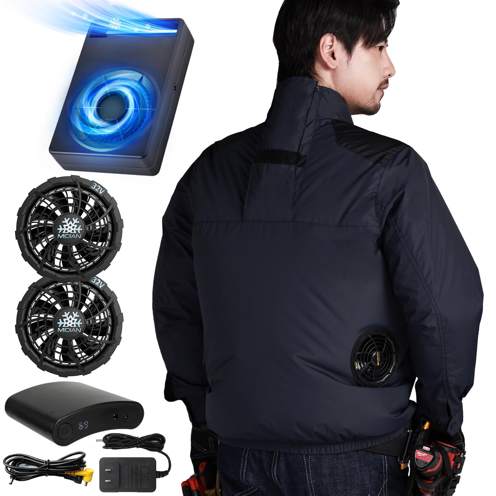 

2025 32V Супер Мощная Охлаждающая Рабочая Одежда и Сделано в Японии с Ненанесенным Предотвращением Теплового Удара Размер [MIDIAN] 20 000 мАч Вентилятор, Водонепроницаемый,