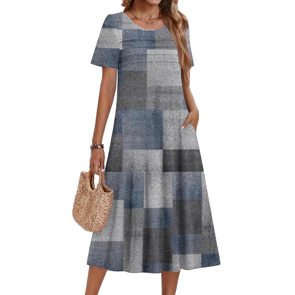 Ladies' Floral Printed Casual And Fashionable Short Sleeved Round Neck Dress