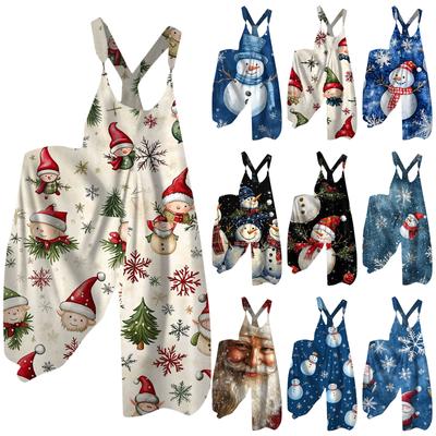 Women's Fashion Christmas Print Casual Loose Back Straps Wide Leg Jumpsuit