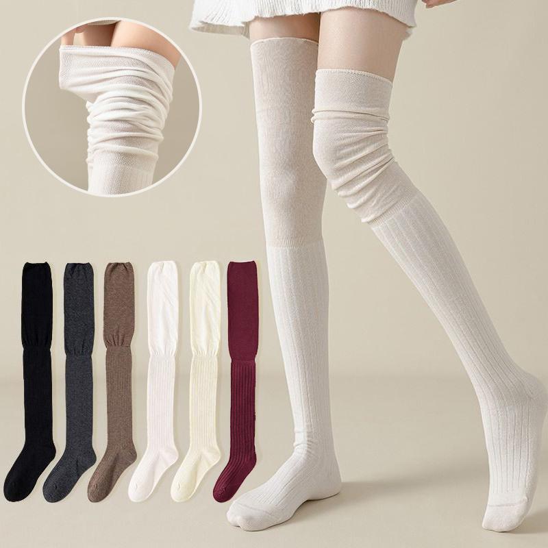 Women Thin Washable Solid Casual Long Stacked Vintage Knee-High Socks Fashion High Elasticity Outdoor Polyester Stockings 1 Pair