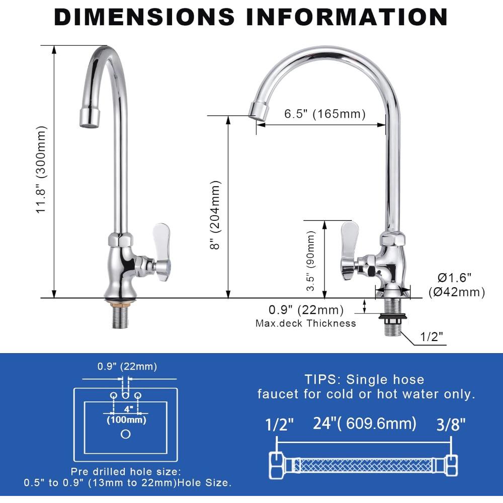 Single Hole Cold Water Faucet: Deck Mount Kitchen Cold Only Faucet - Brass Utility Outdoor Sink Faucet - Commercial Bar Water