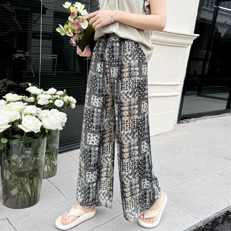 Pantaloni de pijama din bumbac mătase pentru femei, secțiune subțire de vară, anti-țânțari, pantaloni cu picior lat, culoare uni, pentru exterior, casă, petrecere a timpului liber, imprimeu, pantaloni de plajă până la genunchi