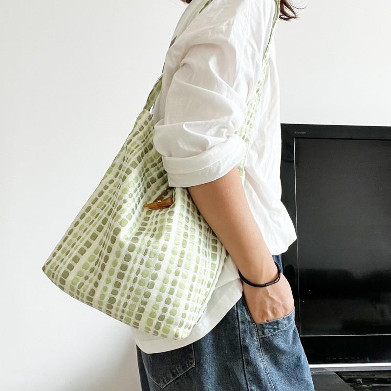 Нишевая Жаккардовая Ткань Текстура Одноплечевая Сумка-Ведро Универсальная Авокадо-Зеленая Клетка Сумка-Тоут Женская