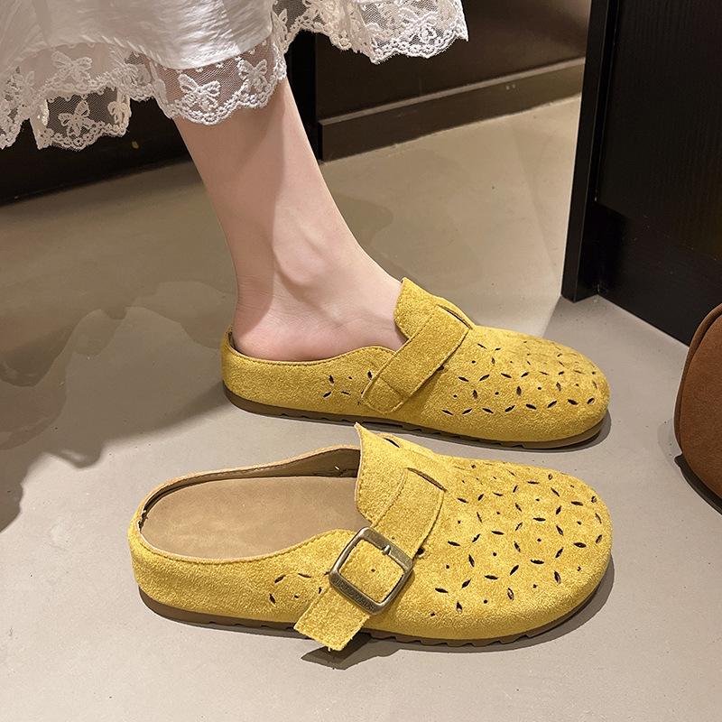 Baotou slippers women's 2025 summer new imitation cowhide hollow hole shoes trendy and comfortable flat slippers